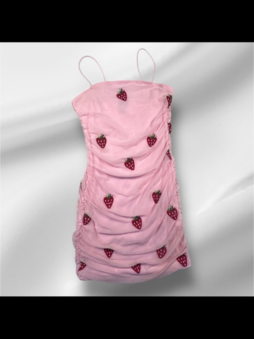 Y2K Rue 21 Pink Strawberry Print Ruched mini dress